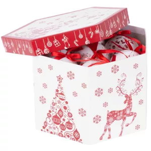 MagicHome karácsonyi gömbök, karácsonyfákkal, 14 db, 7,5 cm, piros-fehér, karácsonyfára