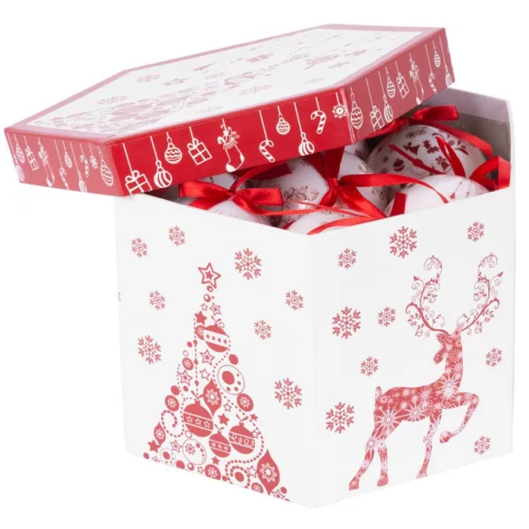 MagicHome karácsonyi gömbök, karácsonyfákkal, 14 db, 7,5 cm, piros-fehér, karácsonyfára