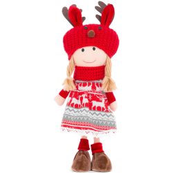   MagicHome karácsonyi dekoráció, lány, piros-szürke, sapkában, 42 cm