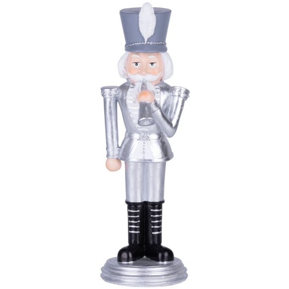 MagicHome karácsonyi dekoráció, diótörő trombitával, ezüst, poligyanta, 20 x 20 x 30 cm