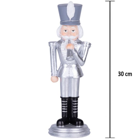 MagicHome karácsonyi dekoráció, diótörő trombitával, ezüst, poligyanta, 20 x 20 x 30 cm