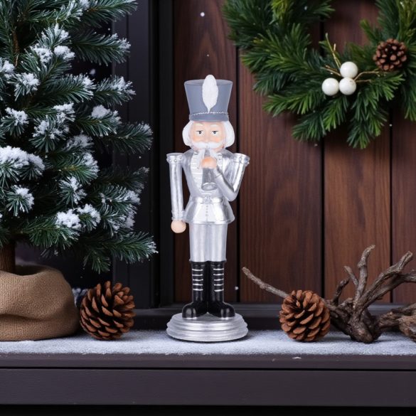 MagicHome karácsonyi dekoráció, diótörő trombitával, ezüst, poligyanta, 20 x 20 x 30 cm