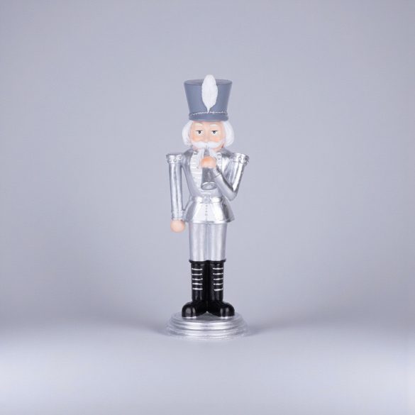 MagicHome karácsonyi dekoráció, diótörő trombitával, ezüst, poligyanta, 20 x 20 x 30 cm