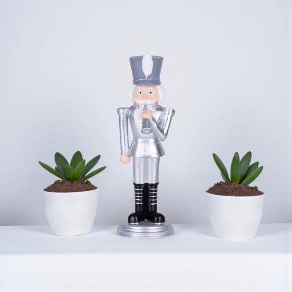 MagicHome karácsonyi dekoráció, diótörő trombitával, ezüst, poligyanta, 20 x 20 x 30 cm