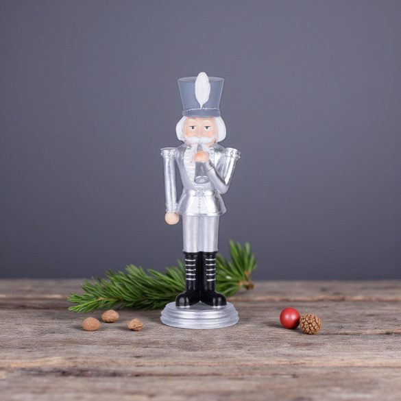 MagicHome karácsonyi dekoráció, diótörő trombitával, ezüst, poligyanta, 20 x 20 x 30 cm