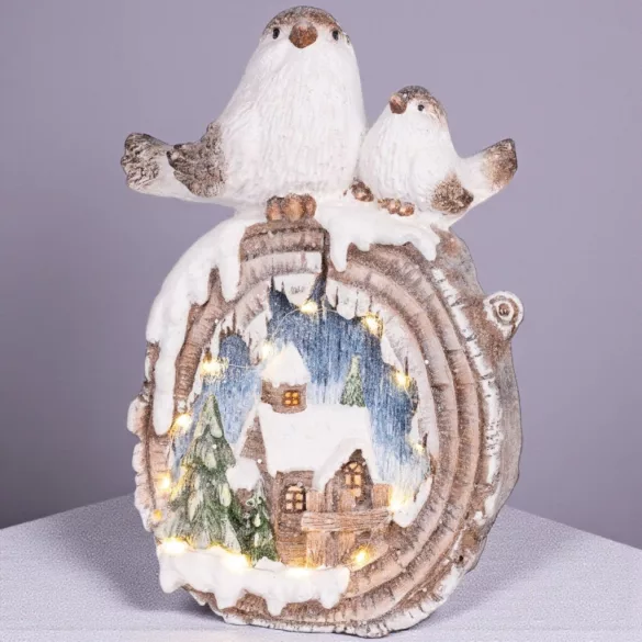 MagicHome karácsonyi dekoráció, Madarak és ház, LED, kerámia, 33,3 x 16,5 x 47 cm