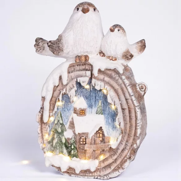 MagicHome karácsonyi dekoráció, Madarak és ház, LED, kerámia, 33,3 x 16,5 x 47 cm