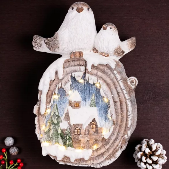 MagicHome karácsonyi dekoráció, Madarak és ház, LED, kerámia, 33,3 x 16,5 x 47 cm