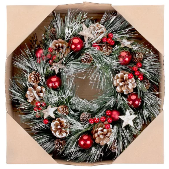 MagicHome karácsonyi koszorú, natúr, fenyőágakkal és csillagokkal, 39 cm