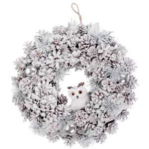 MagicHome karácsonyi koszorú, natúr, krémszínű, felfüggeszthető, bagollyal, 40 cm