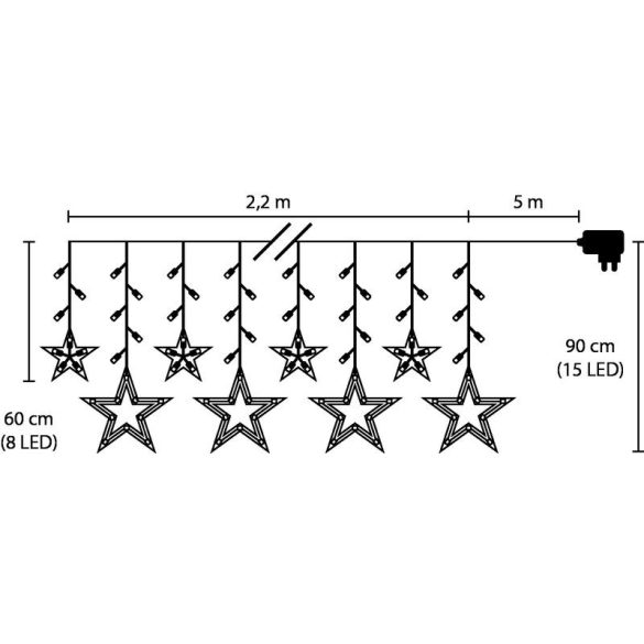 Fényfüggöny, MagicHome Vianoce H-2, 138 db LED, 220 x 90 cm, melegfehér, csillagokkal, kültéri, IP44, 8 fénymód, 230 V