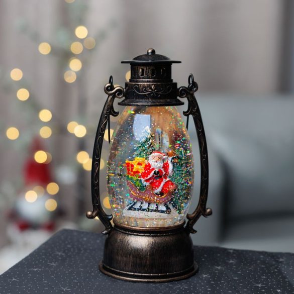 Karácsonyi lámpa, MagicHome Vianoce, Mikulással, fekete, melegfehér LED, csillámokkal, retró stílus, beltéri, elemes (3x AA), műanyag