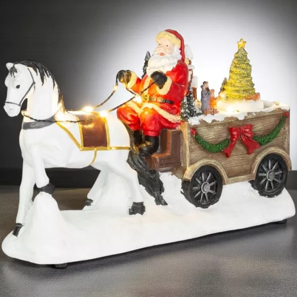 MagicHome karácsonyi dekoráció, Mikulás lóval, 9 LED, kerámia