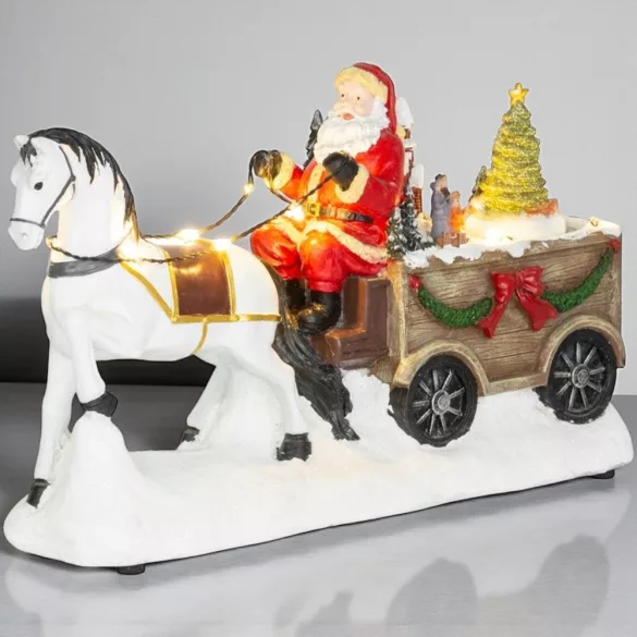 MagicHome karácsonyi dekoráció, Mikulás lóval, 9 LED, kerámia