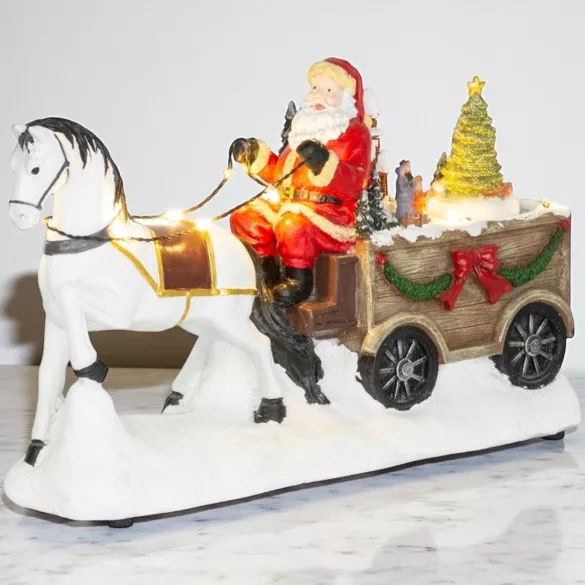 MagicHome karácsonyi dekoráció, Mikulás lóval, 9 LED, kerámia