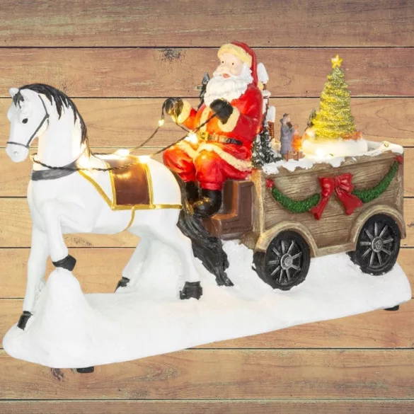 MagicHome karácsonyi dekoráció, Mikulás lóval, 9 LED, kerámia