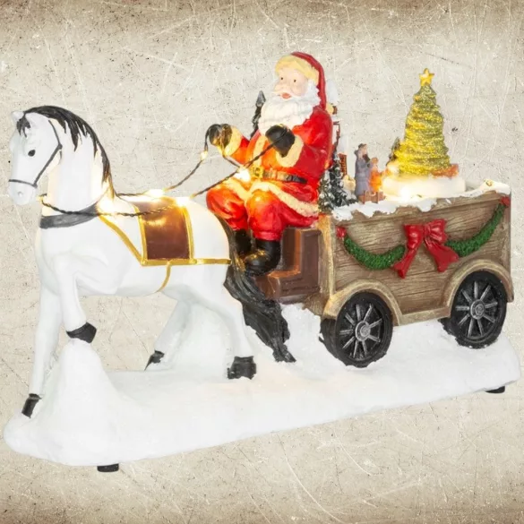 MagicHome karácsonyi dekoráció, Mikulás lóval, 9 LED, kerámia
