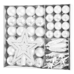   MagicHome karácsonyi gömbök, készlet, 50 db, 4-5 cm, fehér, csillag, füzér, toboz, karácsonyfára