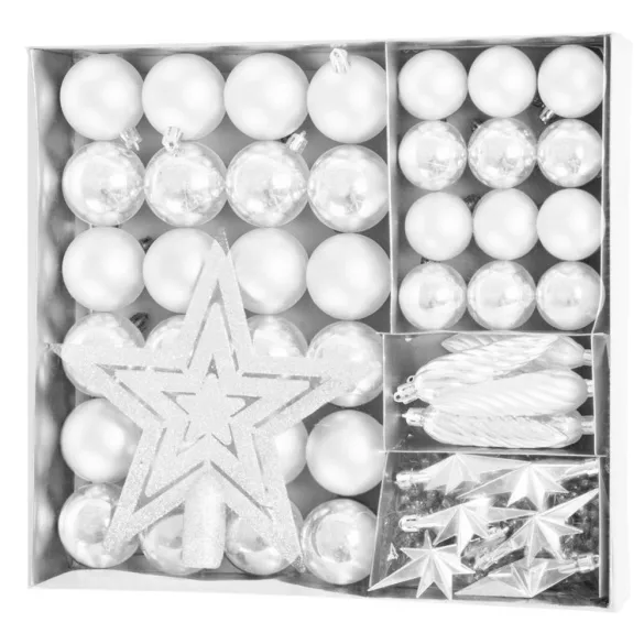 MagicHome karácsonyi gömbök, készlet, 50 db, 4-5 cm, fehér, csillag, füzér, toboz, karácsonyfára