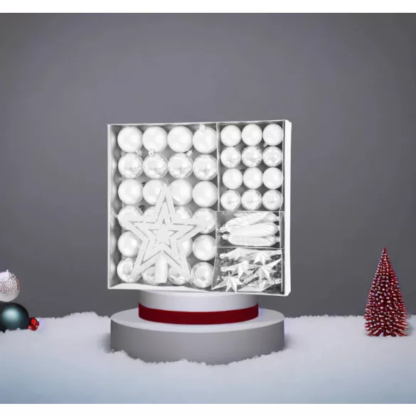 MagicHome karácsonyi gömbök, készlet, 50 db, 4-5 cm, fehér, csillag, füzér, toboz, karácsonyfára