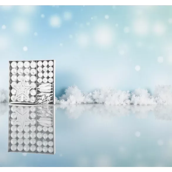 MagicHome karácsonyi gömbök, készlet, 50 db, 4-5 cm, fehér, csillag, füzér, toboz, karácsonyfára