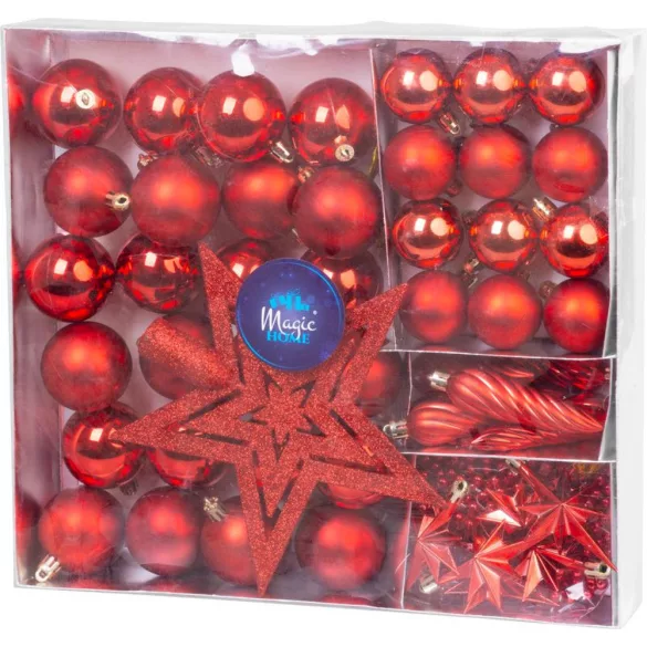 MagicHome karácsonyi gömbök, készlet, 50 db, 4-5 cm, piros, csillag, füzér, toboz, karácsonyfára