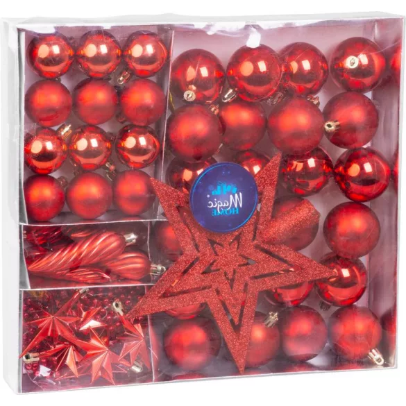MagicHome karácsonyi gömbök, készlet, 50 db, 4-5 cm, piros, csillag, füzér, toboz, karácsonyfára