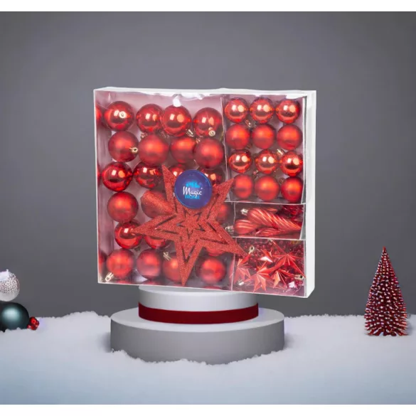 MagicHome karácsonyi gömbök, készlet, 50 db, 4-5 cm, piros, csillag, füzér, toboz, karácsonyfára
