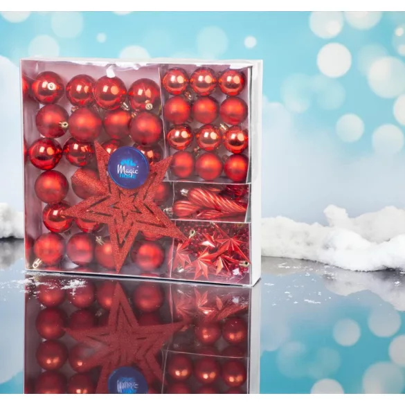 MagicHome karácsonyi gömbök, készlet, 50 db, 4-5 cm, piros, csillag, füzér, toboz, karácsonyfára