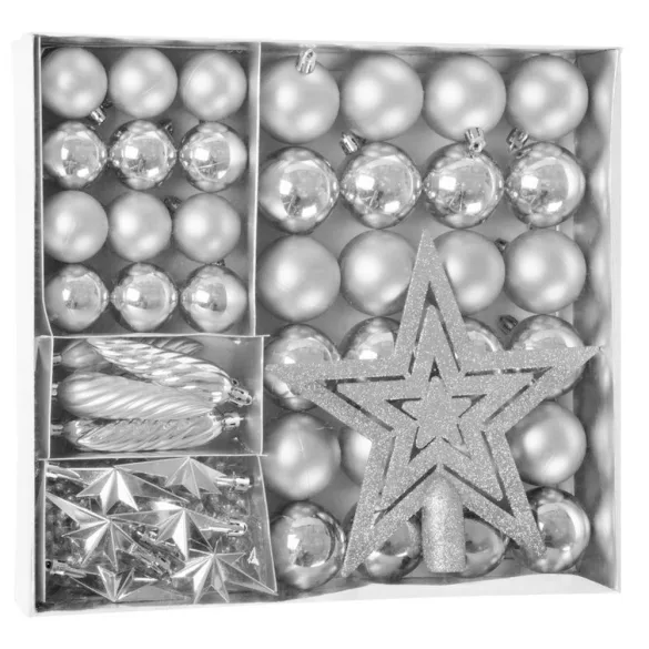 MagicHome karácsonyi gömbok, készlet, 50 db, 4-5 cm, ezüst, csillag, füzér, toboz, karácsonyfára