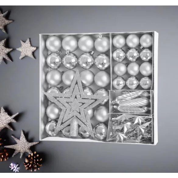 MagicHome karácsonyi gömbok, készlet, 50 db, 4-5 cm, ezüst, csillag, füzér, toboz, karácsonyfára