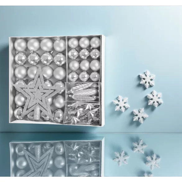 MagicHome karácsonyi gömbok, készlet, 50 db, 4-5 cm, ezüst, csillag, füzér, toboz, karácsonyfára