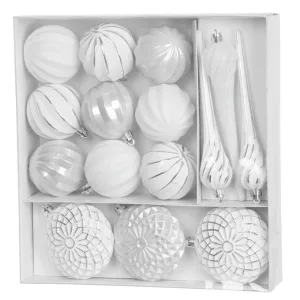 MagicHome karácsonyi gömbök, készlet, 15 db, 3,5-6-8 cm, fehér-ezüst, karácsonyfára