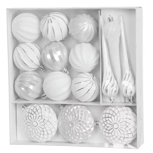 MagicHome karácsonyi gömbök, készlet, 15 db, 3,5-6-8 cm, fehér-ezüst, karácsonyfára
