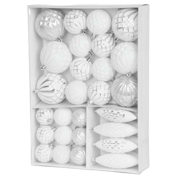 MagicHome karácsonyi gömbök, készlet, 31 db, 5-6-8-12 cm, fehér-ezüst, karácsonyfára
