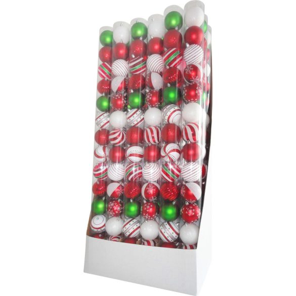 MagicHome karácsonyi gömbök, 14 db, piros-fehér, díszített, karácsonyfára, 8 cm, termékdoboz 24 tubu