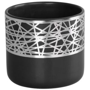 Kerámia virágcserép, MagicHome, fekete, ezüst díszítéssel, átmérő: 16,8 cm, magasság: 14,7 cm, kerek