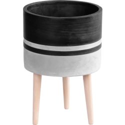   Kerámia virágcserép, MagicHome, világosszürke/sötétszürke, átmérő: 22 cm, magasság: 31 cm, fa lábakkal, hengeres, kerek