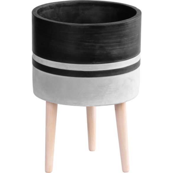 Kerámia virágcserép, MagicHome, világosszürke/sötétszürke, átmérő: 22 cm, magasság: 31 cm, fa lábakkal, hengeres, kerek