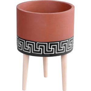 Kerémia virágcserép, MagicHome, terrakotta/fekete, átmérő: 22 cm, magasság: 31 cm, fa lábakkal, hengeres, kerek