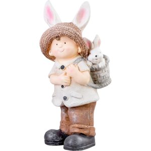 Kerti dekoráció, MagicHome, nyuszifüles kisfiú, bézs, 23,5 × 18 × 48 cm, kerámia