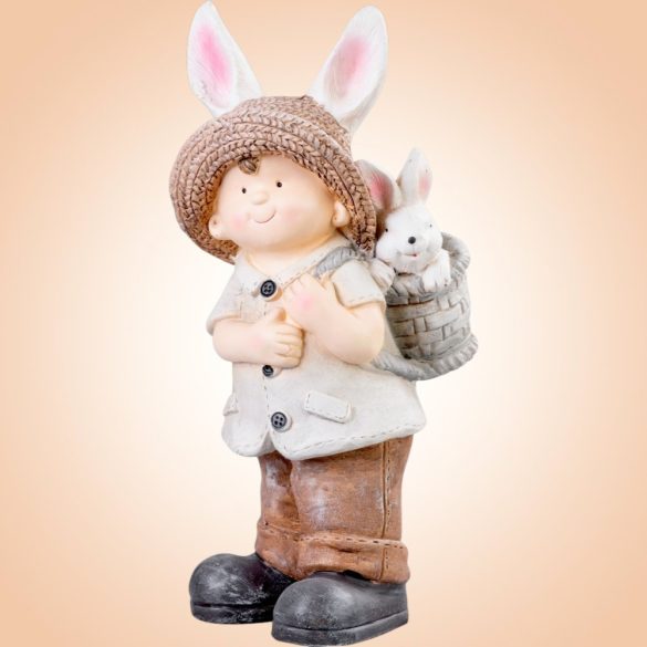Kerti dekoráció, MagicHome, nyuszifüles kisfiú, bézs, 23,5 × 18 × 48 cm, kerámia