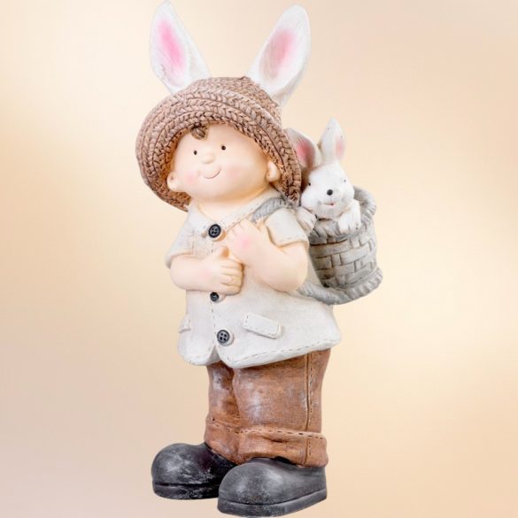 Kerti dekoráció, MagicHome, nyuszifüles kisfiú, bézs, 23,5 × 18 × 48 cm, kerámia