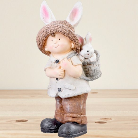 Kerti dekoráció, MagicHome, nyuszifüles kisfiú, bézs, 23,5 × 18 × 48 cm, kerámia