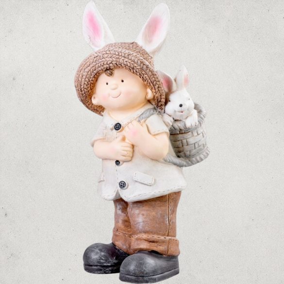 Kerti dekoráció, MagicHome, nyuszifüles kisfiú, bézs, 23,5 × 18 × 48 cm, kerámia