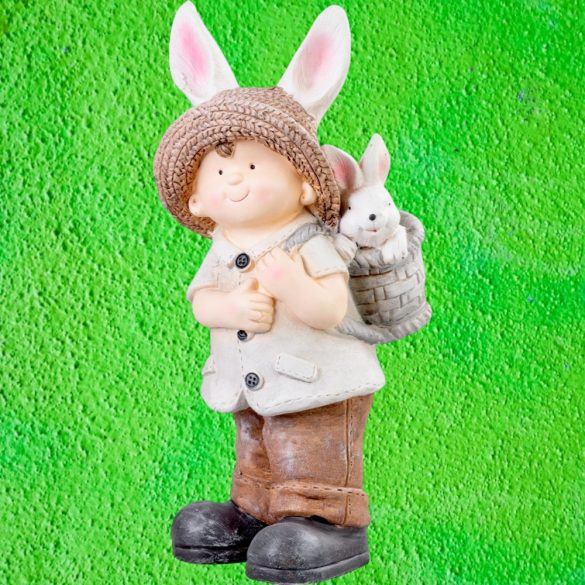 Kerti dekoráció, MagicHome, nyuszifüles kisfiú, bézs, 23,5 × 18 × 48 cm, kerámia