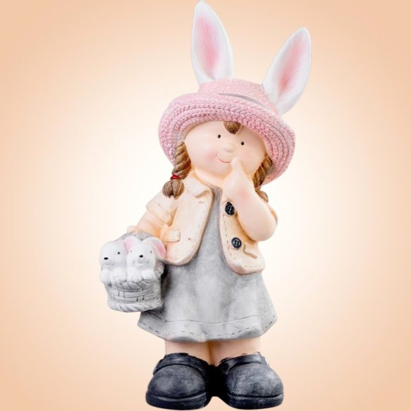 Kerti dekoráció, MagicHome, nyuszifüles kislány, rózsaszín, 25,5 x 16 x 50 cm, kerámia
