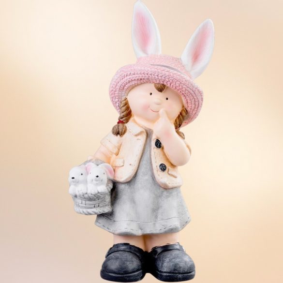Kerti dekoráció, MagicHome, nyuszifüles kislány, rózsaszín, 25,5 x 16 x 50 cm, kerámia