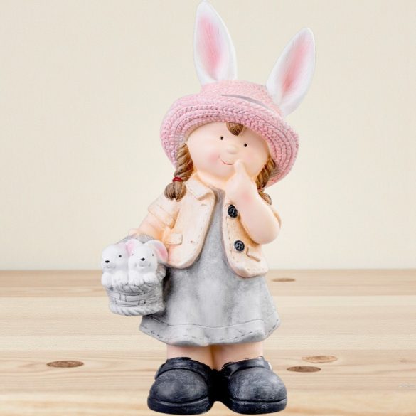 Kerti dekoráció, MagicHome, nyuszifüles kislány, rózsaszín, 25,5 x 16 x 50 cm, kerámia