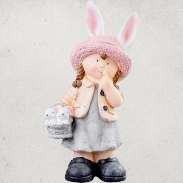Kerti dekoráció, MagicHome, nyuszifüles kislány, rózsaszín, 25,5 x 16 x 50 cm, kerámia